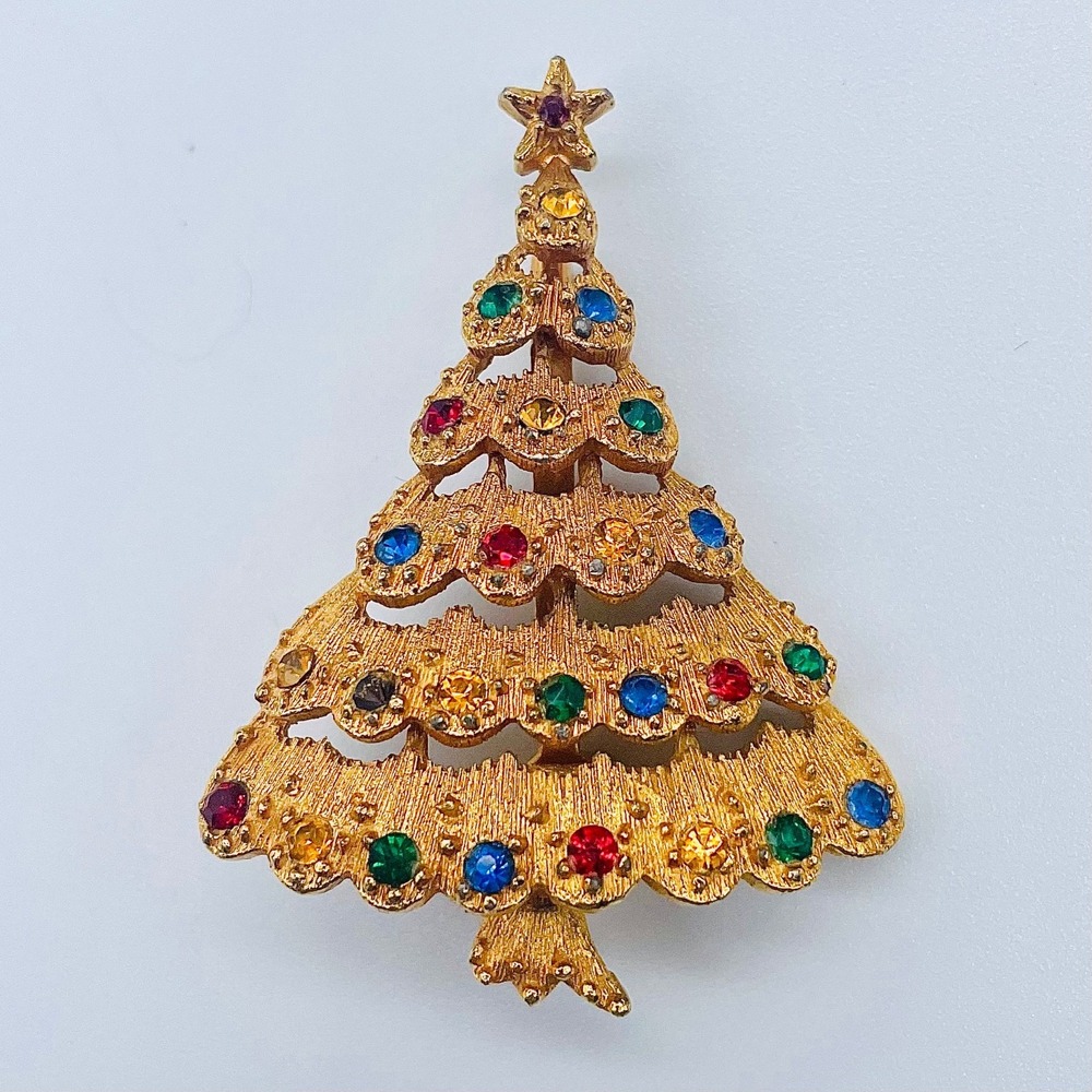 Vintage Christmas Tree Brooch‎ Rainbow Colored Stones 2.25" 5.5cm Unmarked